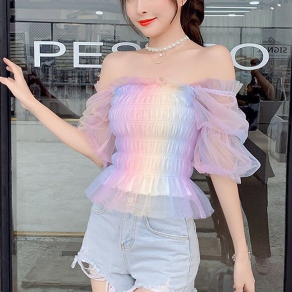 Rainbow Tulle Blouse | Women Cute Top Ombre Gradient Shirt - Picture 2 of 5